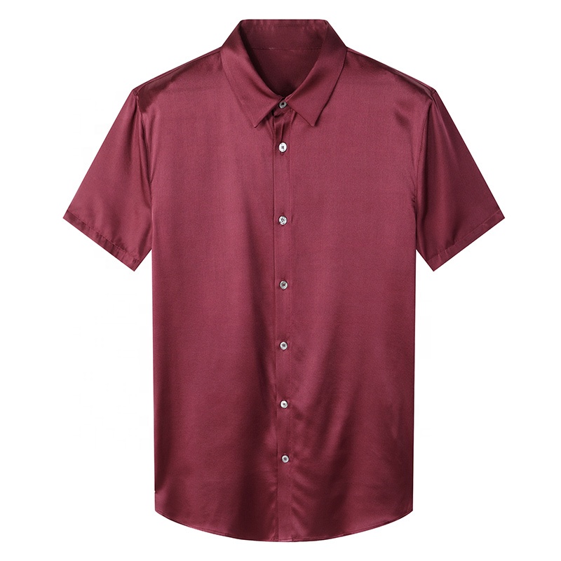 2023 High Quality Business Stand Collar Silk Shirt For Men Solid Color 90.4% Silk Short Sleeve Men's Shirt